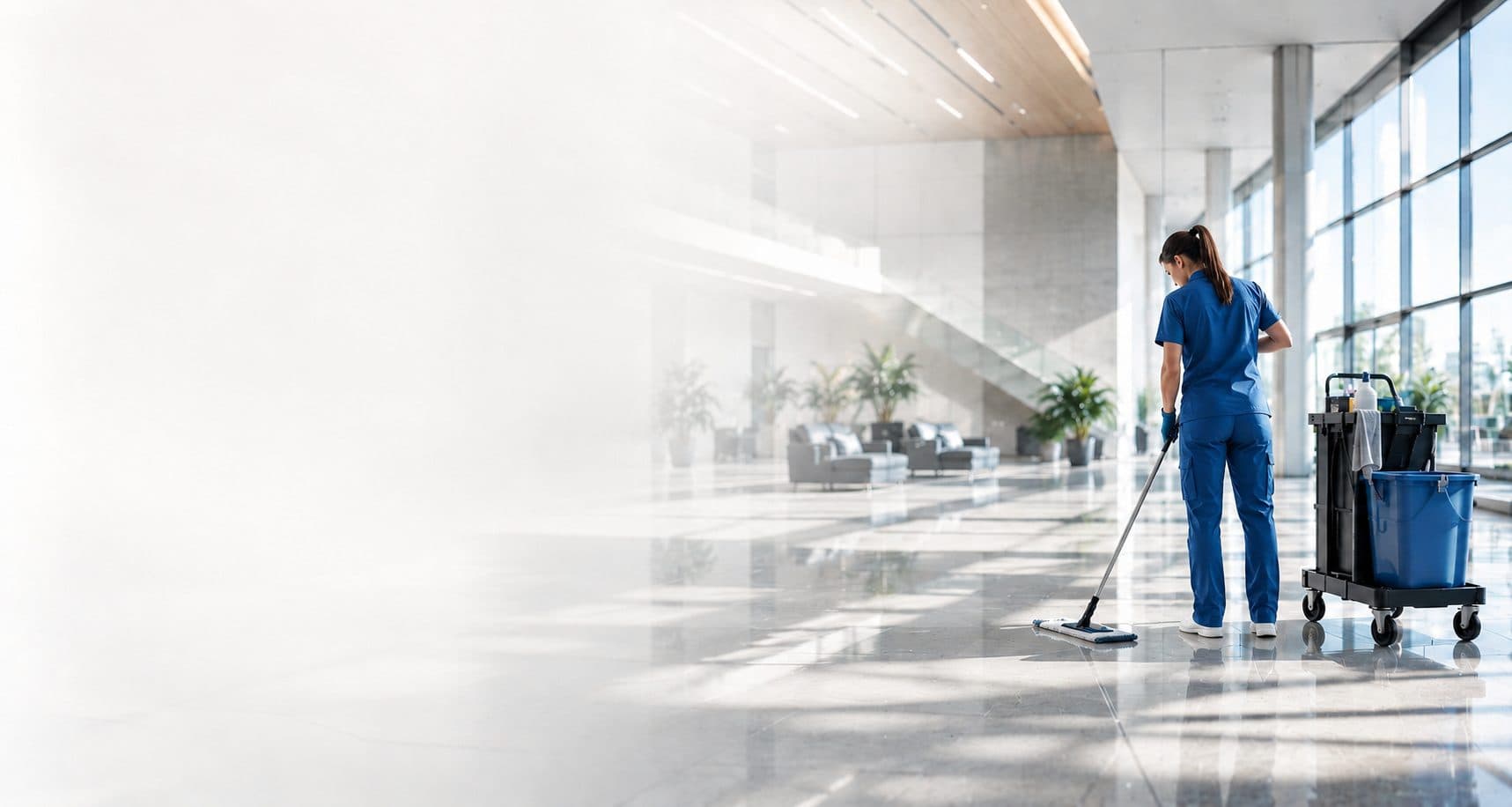 Agent HYGIFRANCE nettoyant le hall lumineux d'un bâtiment