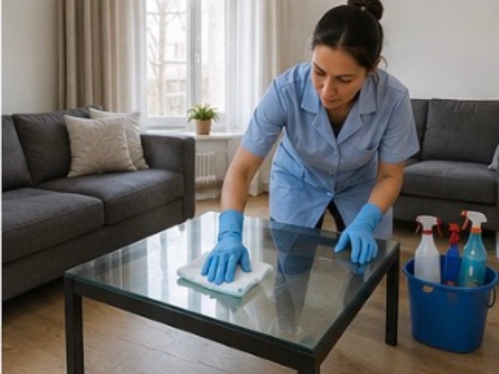 Agent HYGIFRANCE nettoyant une table dans un salon